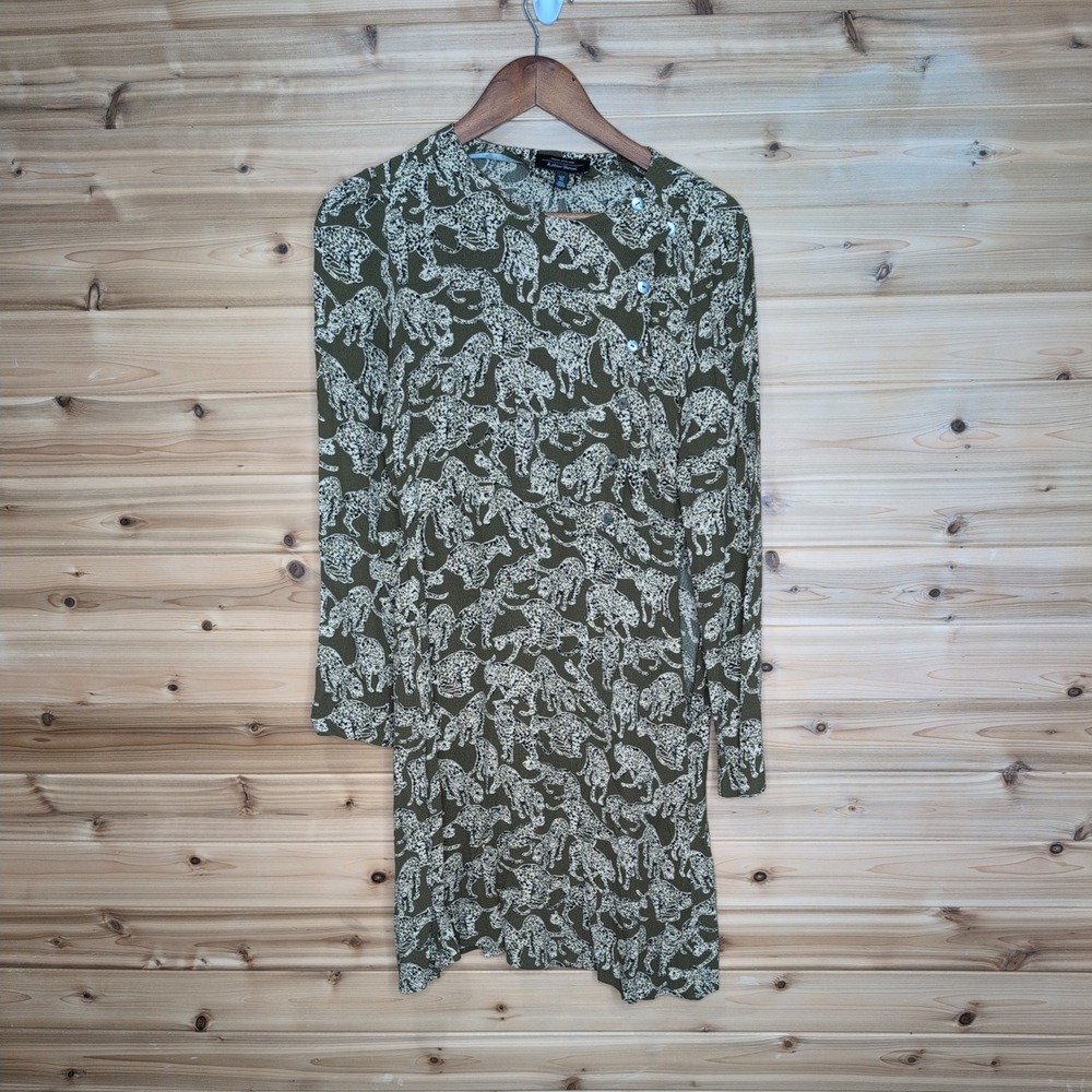 & Other Stories Paris Atelier Olive Green Leopard Print Long Sleeve Mini Dress 8